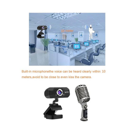 HXSJ S50 HD Webcam with Built-in Microphone for Laptops and Desktops showing 720P webcam and microphone with 10m pickup range in office setting