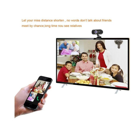HXSJ S50 HD Webcam with Built-in Microphone for Laptops and Desktops showing webcam on monitor and phone video call with family