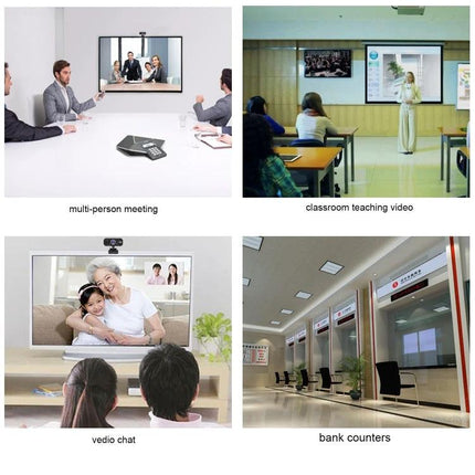 HXSJ S50 HD Webcam with Built-in Microphone for Laptops and Desktops showing multi-person meeting, classroom teaching, video chat and bank counter use