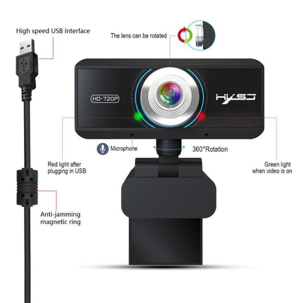 HXSJ S90 High-Definition Webcam for Desktops, Laptops and TVs showing 720P lens, built-in microphone, USB cable and 360° rotation