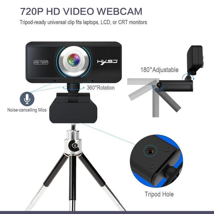 HXSJ S90 High-Definition Webcam for Desktops, Laptops and TVs on tripod showing 720P lens, 360° rotation, 180° adjustable clip and noise-cancelling mic