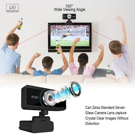 HXSJ S90 High-Definition Webcam for Desktops, Laptops and TVs showing webcam on TV with 100° wide viewing angle and viewers on couch