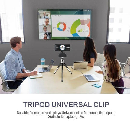 HXSJ S90 High-Definition Webcam for Desktops, Laptops and TVs mounted on tripod in meeting room showing video conference and presentation