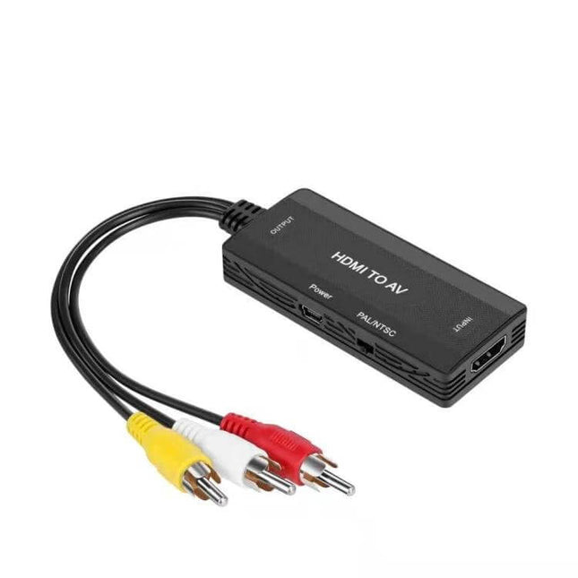 HDMI to AV Converter for PAL and NTSC TV Compatibility - compact HDMI to RCA adapter with yellow composite, white and red audio cables