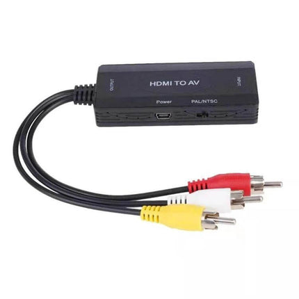 HDMI to AV Converter for PAL and NTSC TV Compatibility compact plug-and-play adapter with RCA cables for legacy TVs