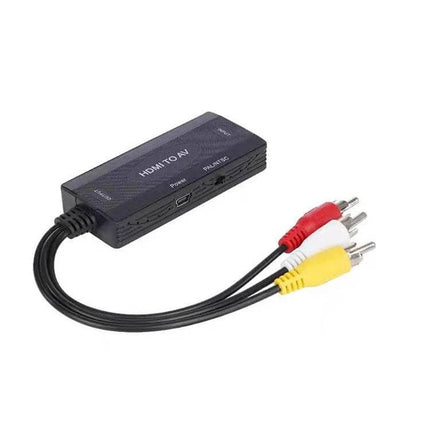 HDMI to AV Converter for PAL and NTSC TV Compatibility showing compact black HDMI-to-RCA adapter with red white yellow AV cables