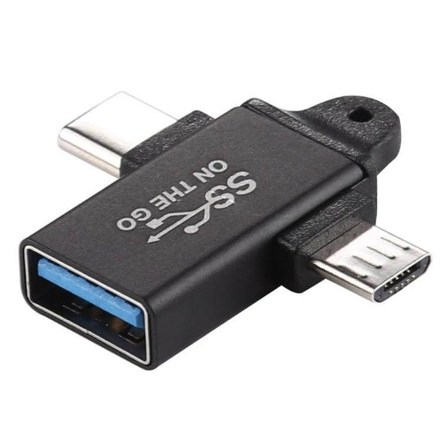 Aluminum Alloy USB 3.0 Adapter for Type-C and Micro Devices compact black adapter showing Type-C, Micro USB and USB-A ports for file transfer and charging