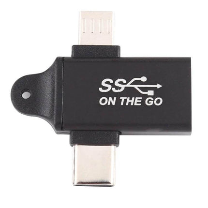 Aluminum Alloy USB 3.0 Adapter for Type-C and Micro Devices shown black OTG adapter with Type-C and Micro USB connectors