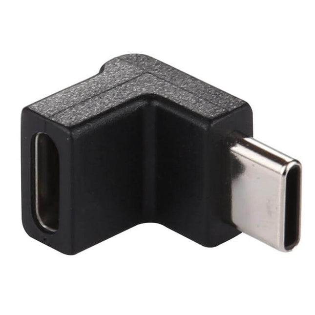 USB-C Male to Female Adapter with 90-Degree Elbow Design — aluminum alloy right-angle Type-C extender for tight desktop or mobile charging spaces