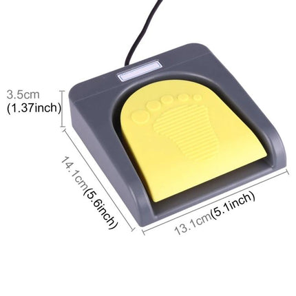 PCsensor USB Foot Switch for Gaming and Computer Control - yellow pedal with footprint design and dimensions, wired USB hands-free controller