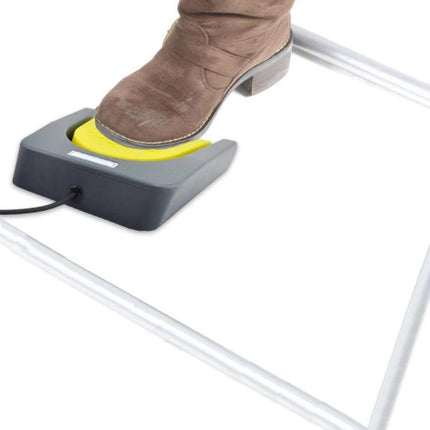 PCsensor USB Foot Switch for Gaming and Computer Control showing a boot pressing the yellow pedal for hands-free computer input