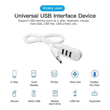 Compact USB Hub for Everyday Device Connections at Home and Travel - white 3-port USB hub shown with cable, ideal for phone charging and peripherals