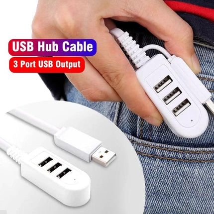 Compact USB Hub for Everyday Device Connections at Home and Travel - white 3-port USB hub plugged into laptop and pocket for travel and home use