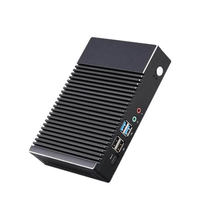 K1 Mini PC for Windows 10 and Linux Computing Tasks compact black mini PC with USB ports, audio jacks and passive cooling fins