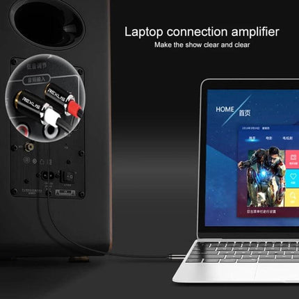 REXLIS 1-Meter Audio Cable for Connecting Devices to Speakers shown linking a laptop to active speakers with 3.5mm to RCA connectors