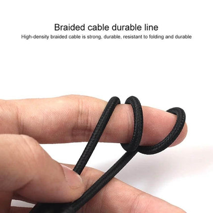 REXLIS 1-Meter Audio Cable for Connecting Devices to Speakers showing braided durable black cable and hand holding it
