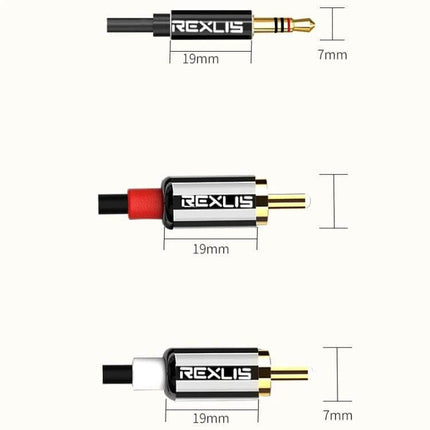 REXLIS 1-Meter Audio Cable for Connecting Devices to Speakers showing 3.5mm to red and white RCA gold-plated connectors and measurements