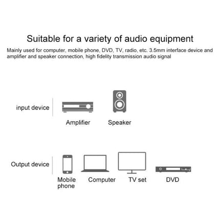 REXLIS 1-Meter Audio Cable for Connecting Devices to Speakers - 3.5mm to RCA cable shown linking mobile, computer, TV and DVD to amplifier and speakers