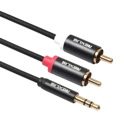 REXLIS 3.5mm to Dual RCA Audio Cable for Device Connections, 1.8m — black braided cable with gold-plated 3.5mm plug and red/white RCA connectors