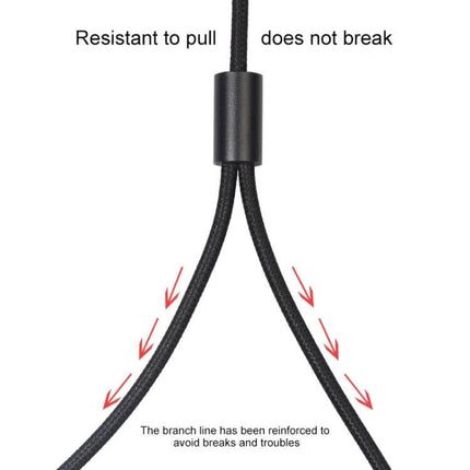 REXLIS 3.5mm to Dual RCA Audio Cable for Device Connections, 1.8m showing reinforced split braided cable junction resistant to pull