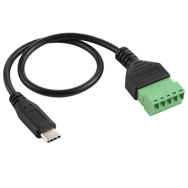 USB-C to 5-Pin Terminal Adapter Cable, 30cm, Solder-Free shown with Type-C male plug and 5-pin green terminal block for DIY connections