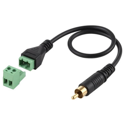 30cm RCA Male to 2-Pin Terminal Solder-Free Adapter Cable showing gold-plated RCA plug and removable green 2-pin screw terminal for DIY audio connections