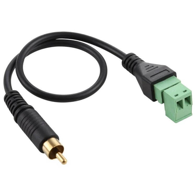 30cm RCA Male to 2-Pin Terminal Solder-Free Adapter Cable with gold-plated RCA plug and green 2-pin screw terminal for DIY audio/video extensions
