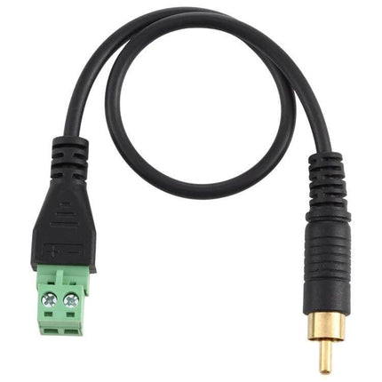 30cm RCA Male to 2-Pin Terminal Solder-Free Adapter Cable black cable with gold RCA plug and green 2-pin screw terminal, 30cm length