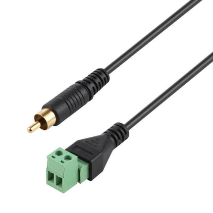 30cm RCA Male to 2-Pin Terminal Solder-Free Adapter Cable showing gold RCA plug and green 2-pin screw terminal on 30cm cable