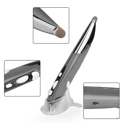 Wireless Optical Mouse with Stylus Pen for Tablets and PCs — sleek gray pen-mouse combo with stylus tip, scroll wheel and docking stand
