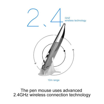 Wireless Optical Mouse with Stylus Pen for Tablets and PCs showing 2.4GHz wireless pen-mouse on charging stand and 10m range
