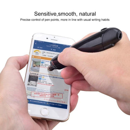Wireless Optical Mouse with Stylus and Laser Pointer held like a pen used to navigate and annotate a smartphone screen in a presentation-ready design