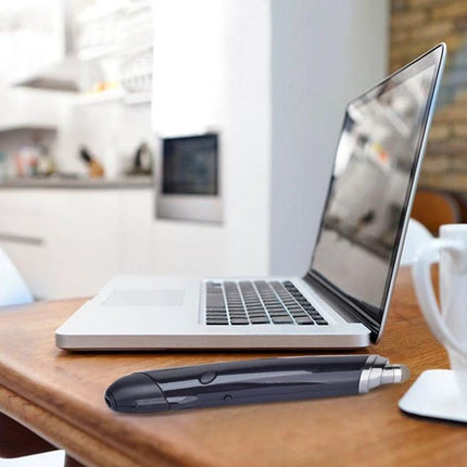 Wireless Optical Mouse with Stylus and Laser Pointer placed beside a laptop on a desk for presentations and computing tasks