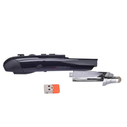 Wireless Optical Mouse with Stylus and Laser Pointer in sleek black pen design with USB receiver and detachable stylus tip