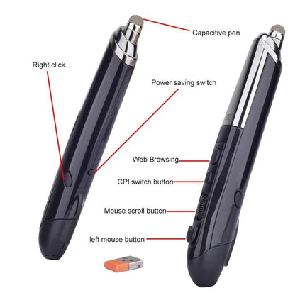 Wireless Optical Mouse with Stylus and Laser Pointer in pen design showing buttons, scroll wheel, CPI switch, power saving switch and USB receiver
