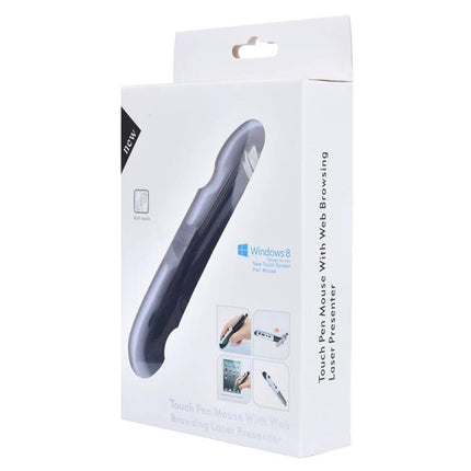 Wireless Optical Mouse with Stylus and Laser Pointer in white retail packaging showing pen-shaped wireless mouse and icons for touch, web browsing, and laser presenter