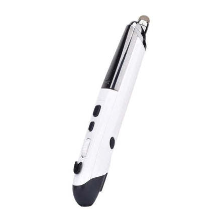 Wireless Optical Mouse with Stylus and Laser Pointer in white pen-style design for presentations and precise navigation