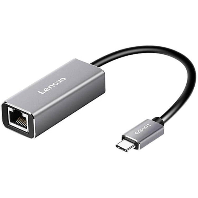 Lenovo USB-C to Gigabit Ethernet Converter for Laptops plugged into laptop USB-C port providing reliable wired network connection