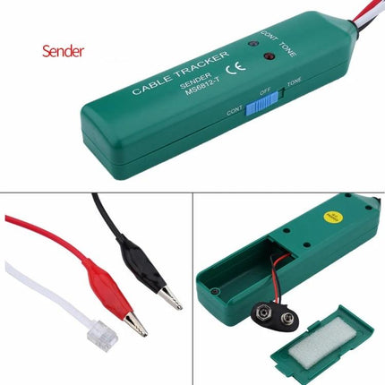 BSIDE Telephone Line Cable Tracker for RJ11 and RJ45 Lines showing green sender unit, crocodile clips, RJ11 lead and 9V battery compartment