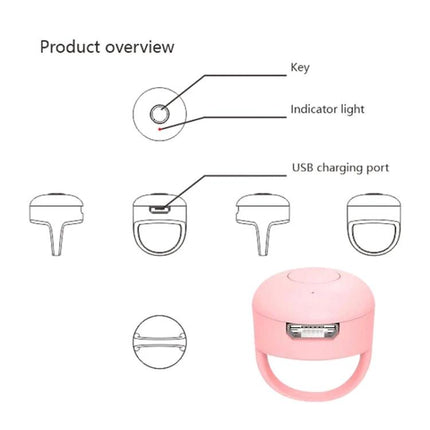 Bluetooth Fingertip Controller for Smartphone Video Apps - pink compact controller with key, indicator light and USB charging port diagram
