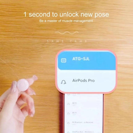 Bluetooth Fingertip Controller for Smartphone Video Apps shown next to phone with pairing screen, handheld fingertip remote in use
