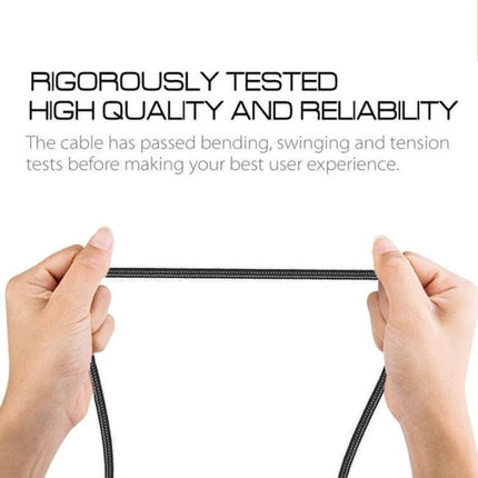 USB-C Charging Cable Adapter for 4.5x3.0mm Devices showing braided cable held taut with text 'Rigorous Tested High Quality and Reliability'