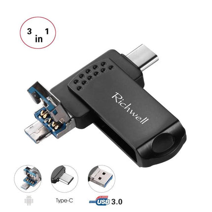 Richwell Flash Drive for Daily File Storage and Transfer - 3-in-1 USB 3.0 Type-C & microUSB compact black drive for photos, videos, and documents