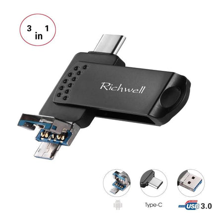 Richwell Flash Drive for Daily File Storage and Transfer - 3-in-1 Type-C, microUSB and USB-A portable USB 3.0 flash drive