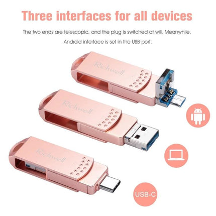 Richwell Flash Drive for Daily File Storage and Transfer - rose gold 3-in-1 USB, USB-C, microUSB connector for phones, tablets, laptops