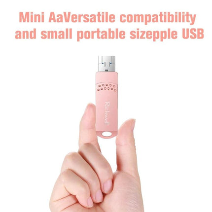 Richwell Flash Drive for Daily File Storage and Transfer - pink 3-in-1 USB flash drive held between fingers for mobile photo and video backup
