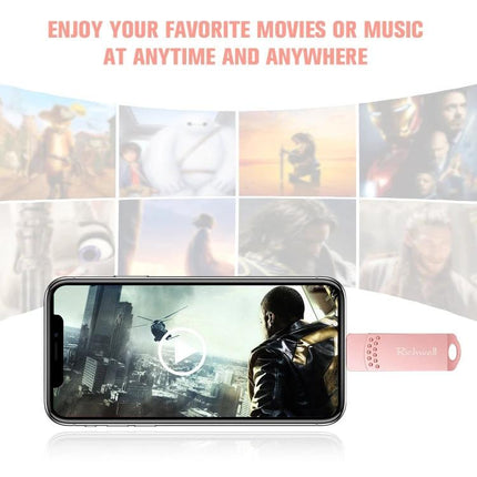 Richwell Flash Drive for Daily File Storage and Transfer showing phone playing movie with pink 3-in-1 USB flash drive attached