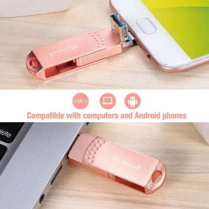 Richwell Flash Drive for Daily File Storage and Transfer - rose gold 3-in-1 USB-C/USB-A flash drive connected to Android phone and laptop