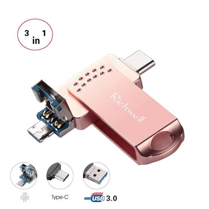 Richwell Flash Drive for Daily File Storage and Transfer - rose gold 3-in-1 USB Type-C micro USB flash drive for photos videos documents