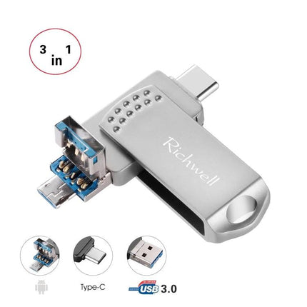 Richwell Flash Drive for Daily File Storage and Transfer - 3-in-1 USB 3.0 Type-C OTG metal drive for photos videos and documents